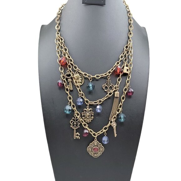 Multistrand Charm Necklace 22" Brass Tone Beads Locks Keys Shield Charms - Picture 3 of 16